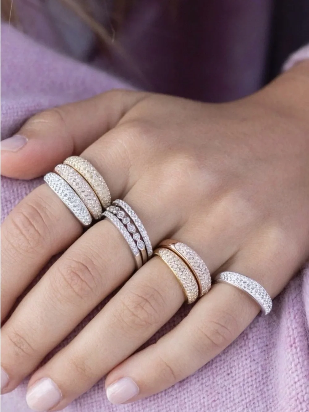 SET of 2 Touchstone Crystal LUNA rings size 8 pave crystals gold and rhodium NIB